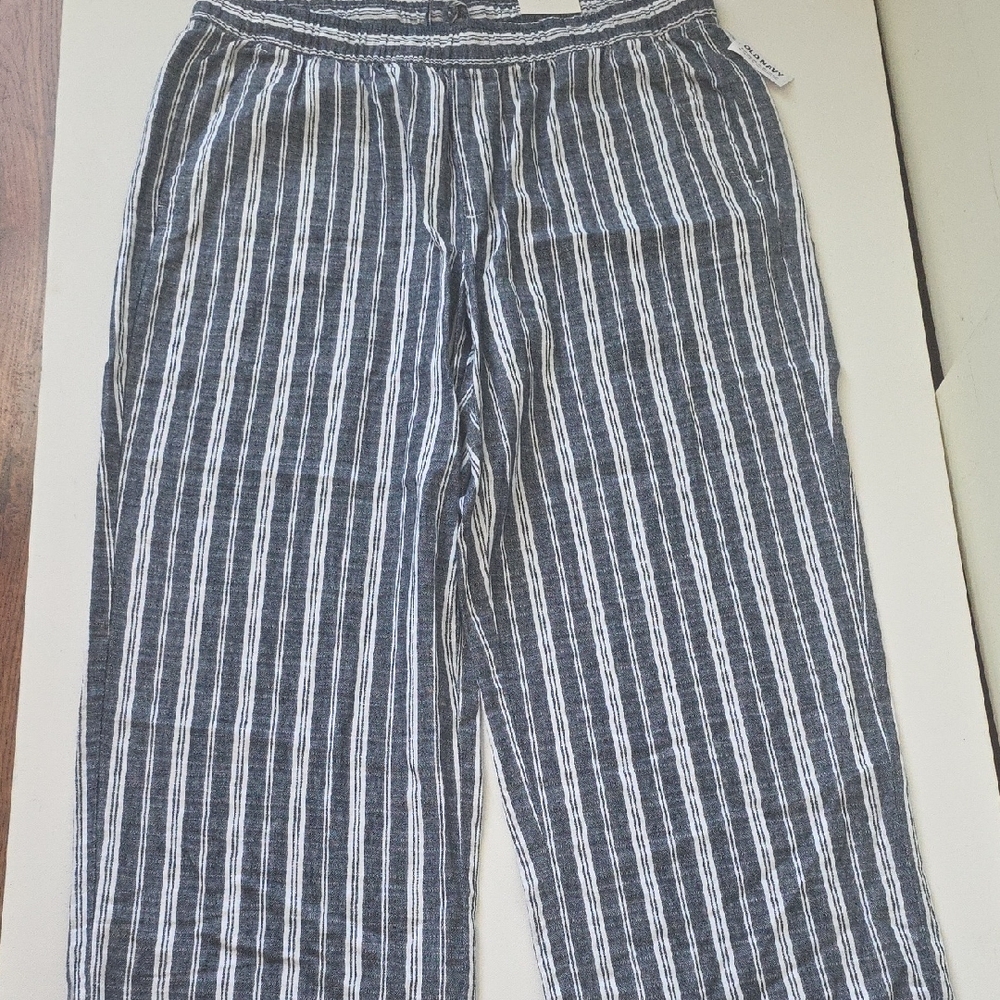Old Navy Navy and White Striped Linen Blend Pants XL